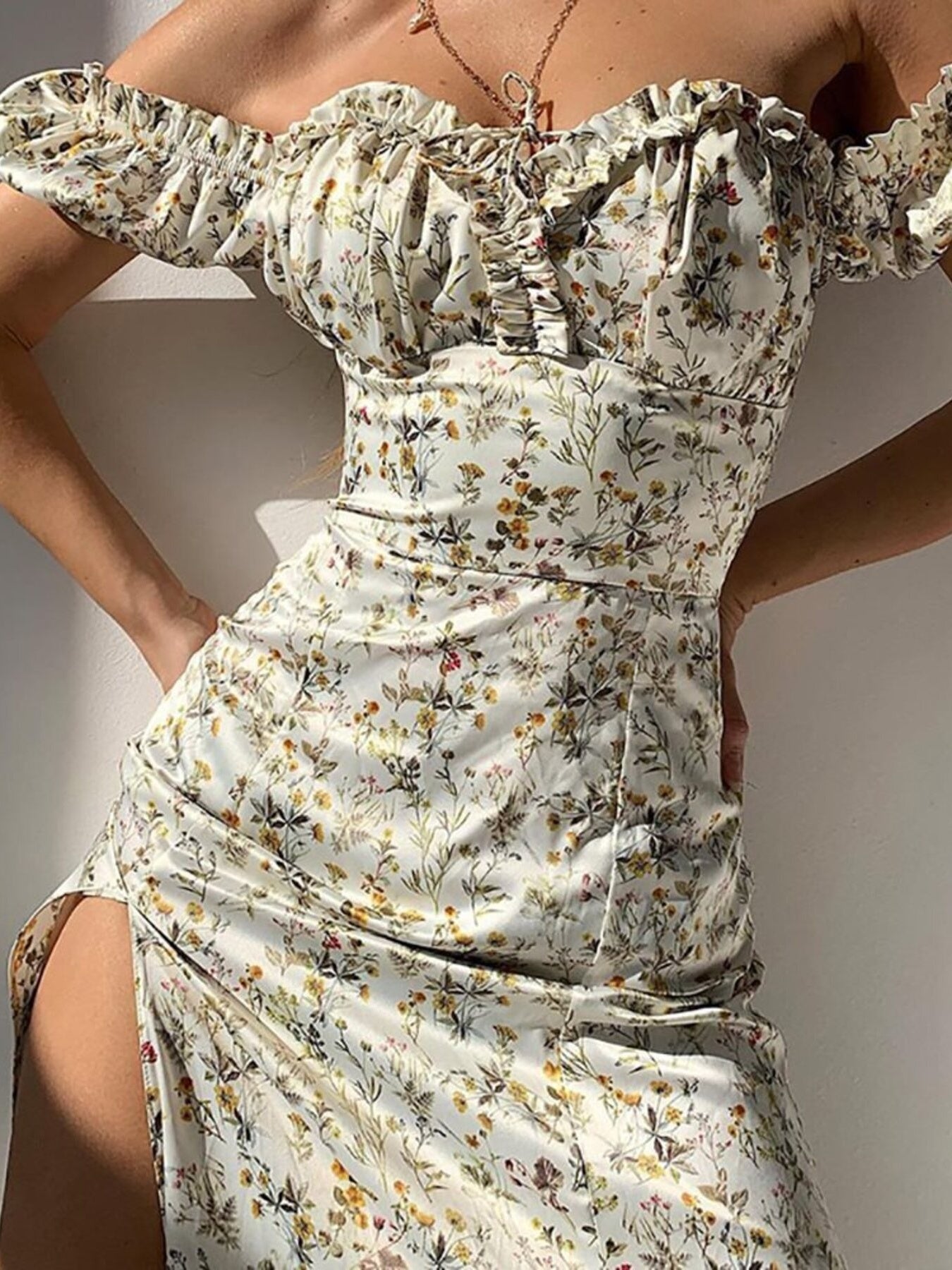 Full Size Floral Print Off-Shoulder Slit Dress Plus Size