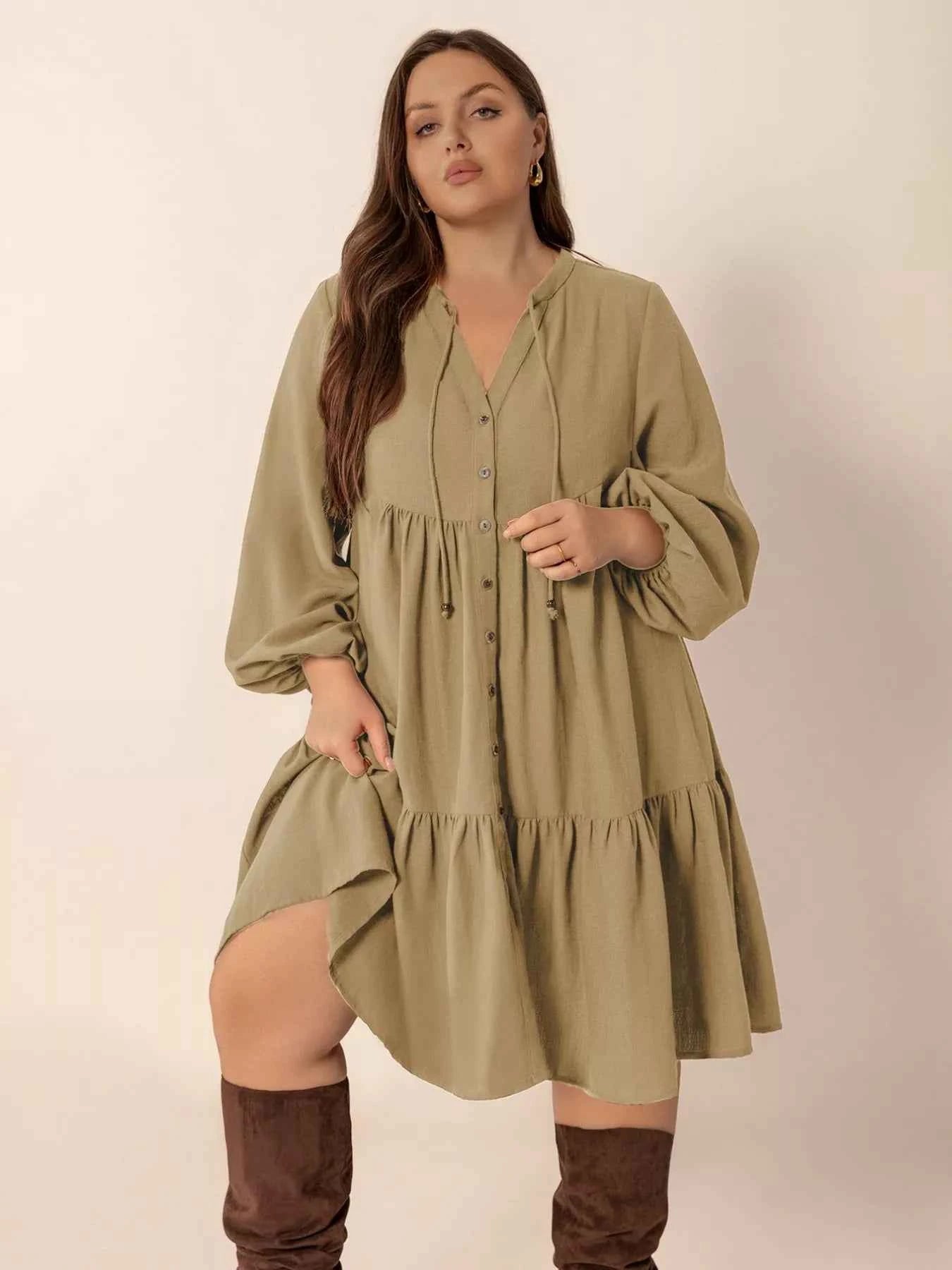 Plus Size Tie Neck Balloon Sleeve Dress