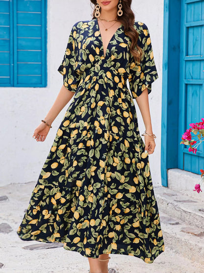 Printed V-Neck Ruffle Hem Flowy Midi Dress