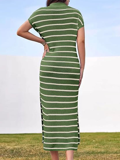 Striped Knit Slit Short Sleeve Midi Dress