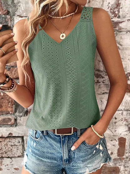 Eyelet Lace Trim V-Neck Tank Top