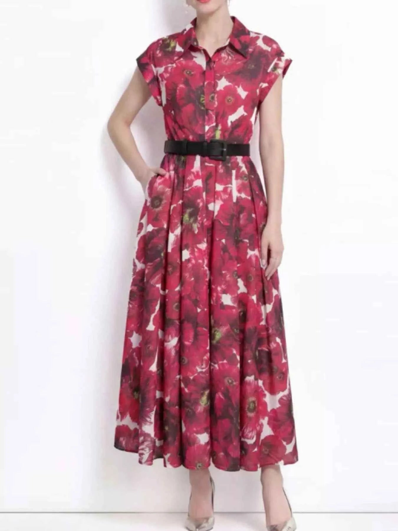 Printed Button Front Cap Sleeve Dress