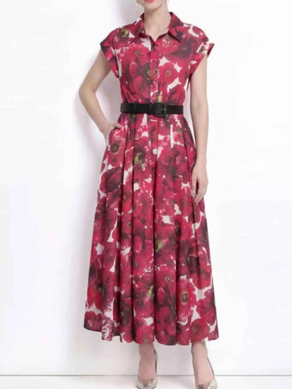 Printed Button Front Cap Sleeve Dress