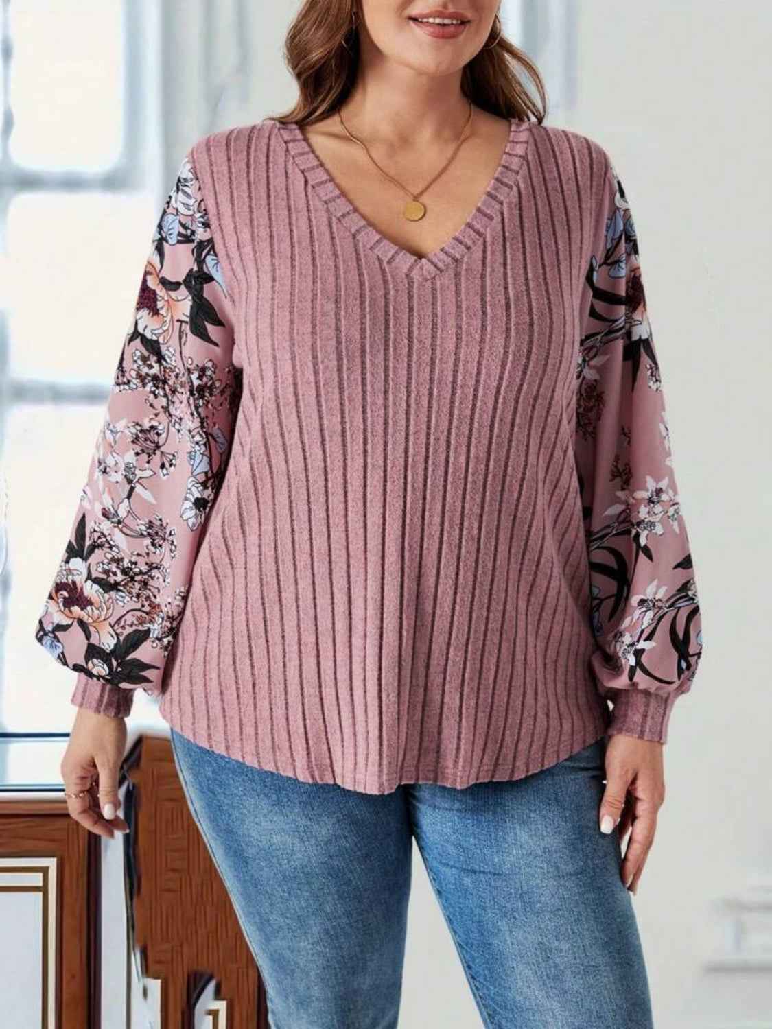 Plus Printed V Neck Long Sleeve T Shirt Lojy Shop