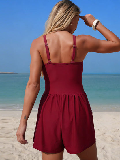 V-Neck One-Piece Swimsuit with Pockets