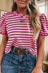 Stripe Striped V-Neck Ribbed Collar Cuff Gathering Puff Sleeve Top