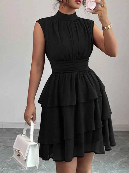 Sleeveless Mock Neck Layered Ruffle Dress