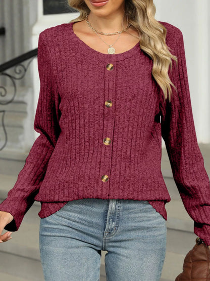 Ribbed Round Neck Long Sleeve Top