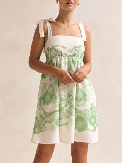 Printed Tie Shoulder Mini Dress