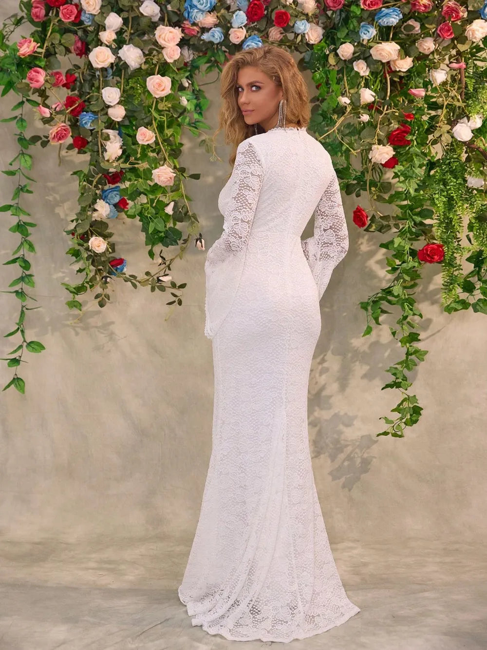Lace Surplice Flare Sleeve Maxi Dress