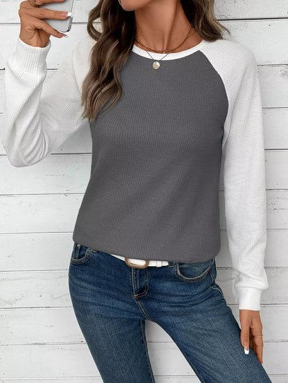 Contrast Raglan Sleeve Waffle Knit T-Shirt