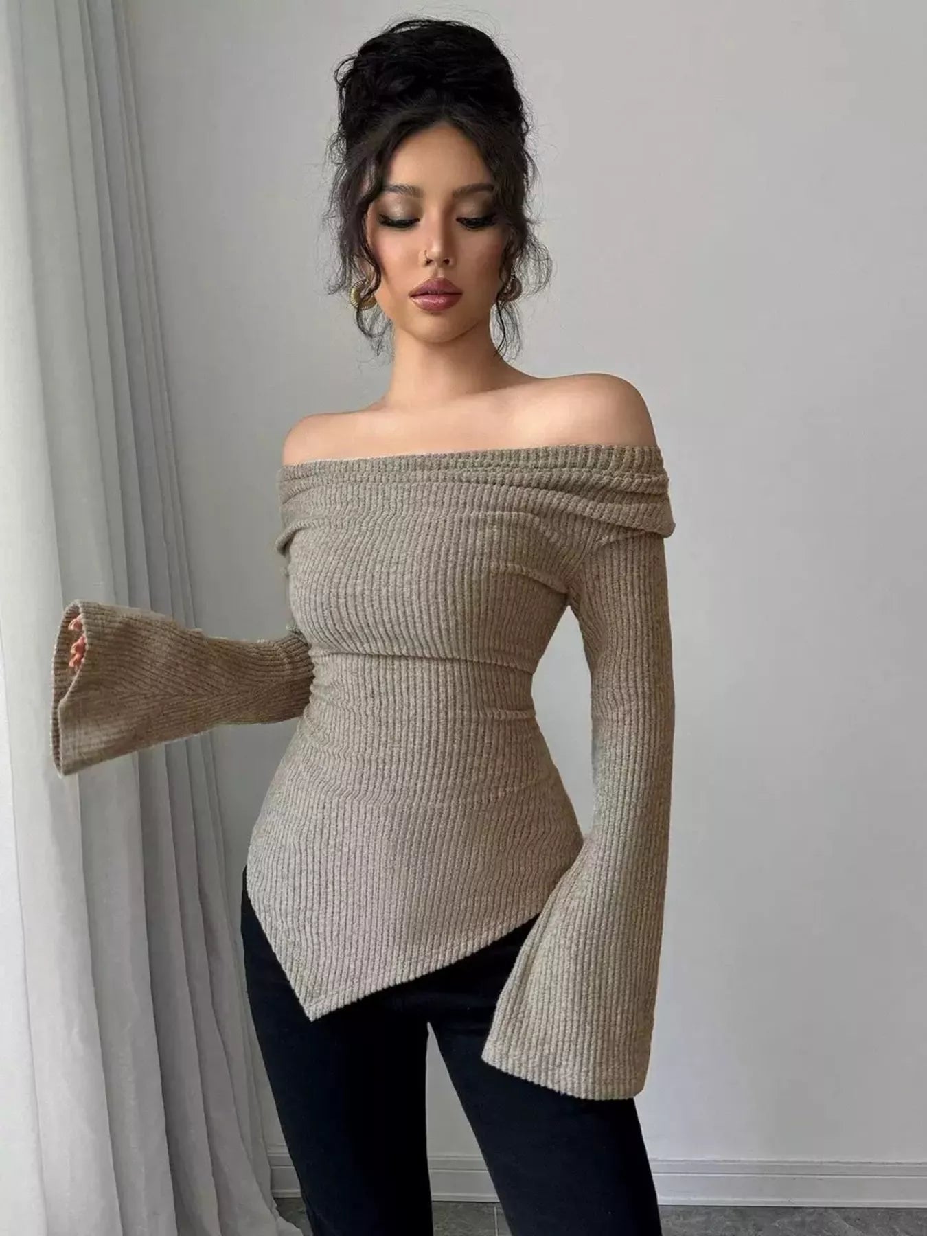 Cowl Neck Flare Sleeve Top