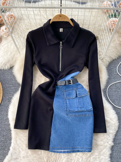 Full Size Color Block Denim Patchwork Mini Dress Plus Size