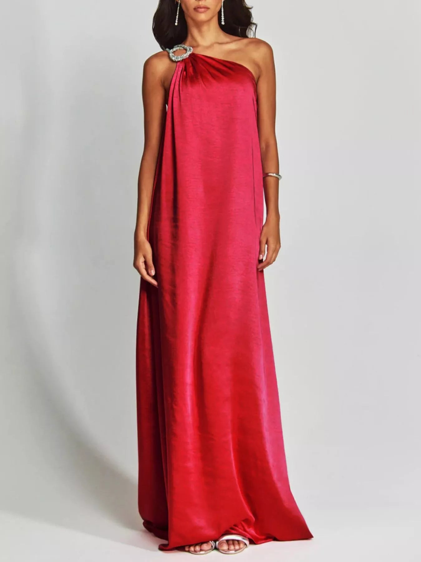One-Shoulder Rhinestone Satin Maxi Dress