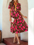 Floral Print Split Neck Short Puff Sleeve Ruffle Hem Dress