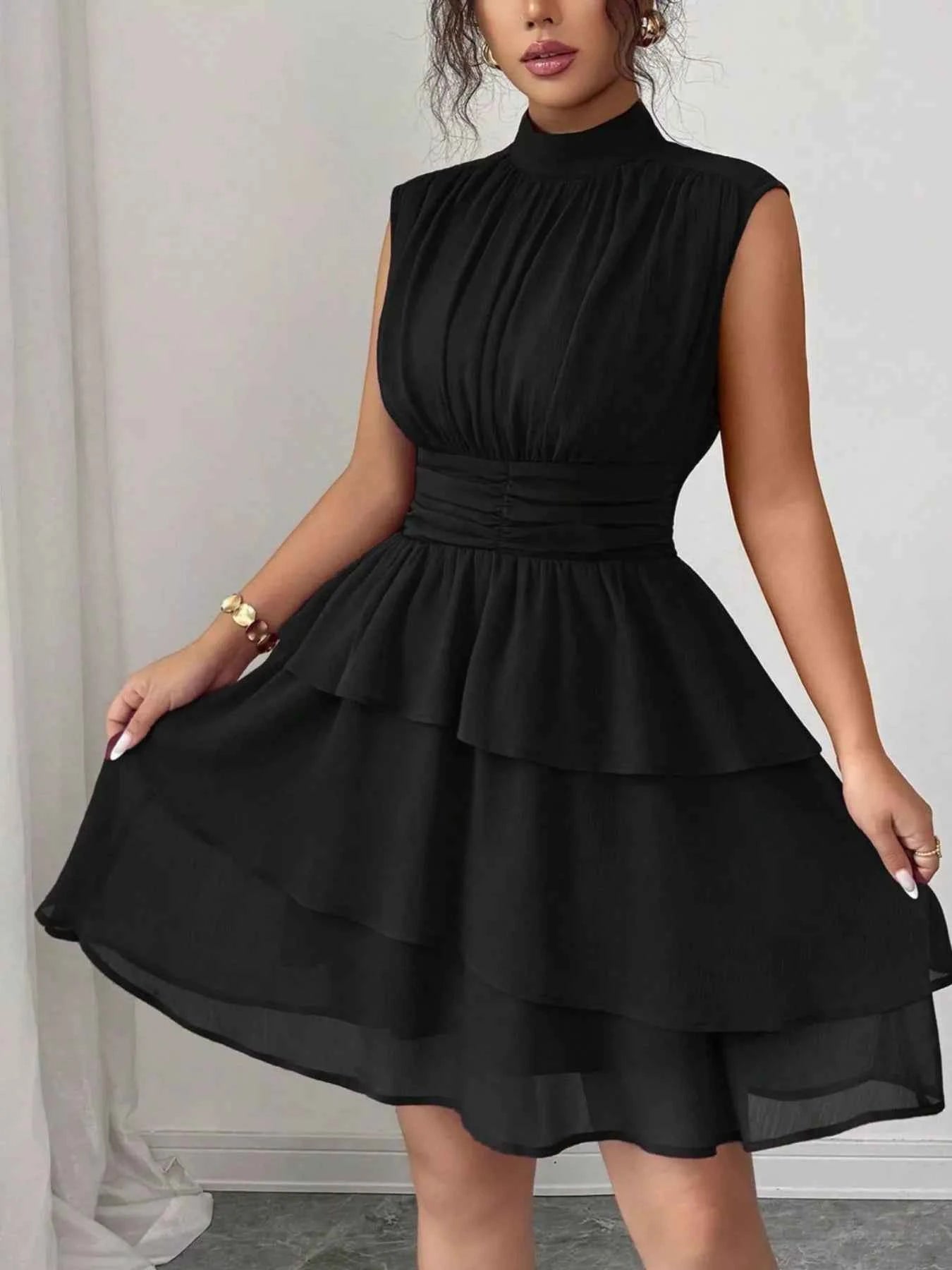 Sleeveless Mock Neck Layered Ruffle Dress