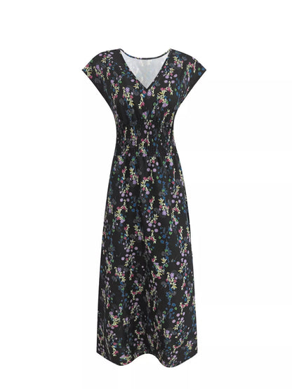 Printed V-Neck Cap Sleeve Maxi Dress