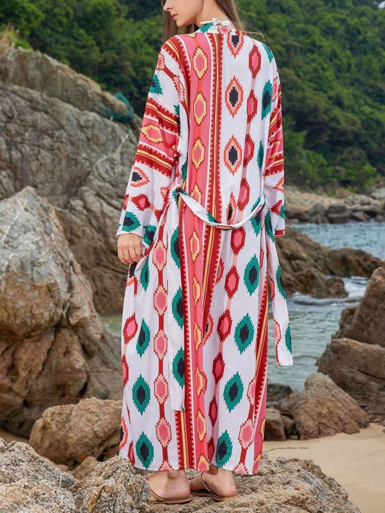 Boho Print Long Sleeve Beach Cover-Up
