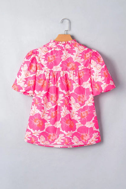 Short Bubble Sleeve Summer Floral Blouse