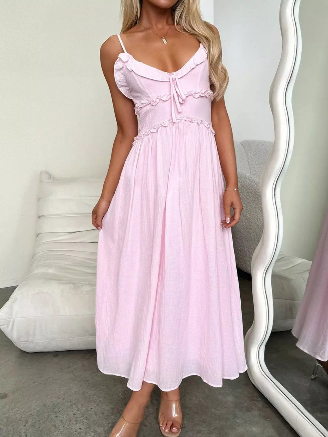 Ruffled Trimmed Spaghetti Strap Midi Dress