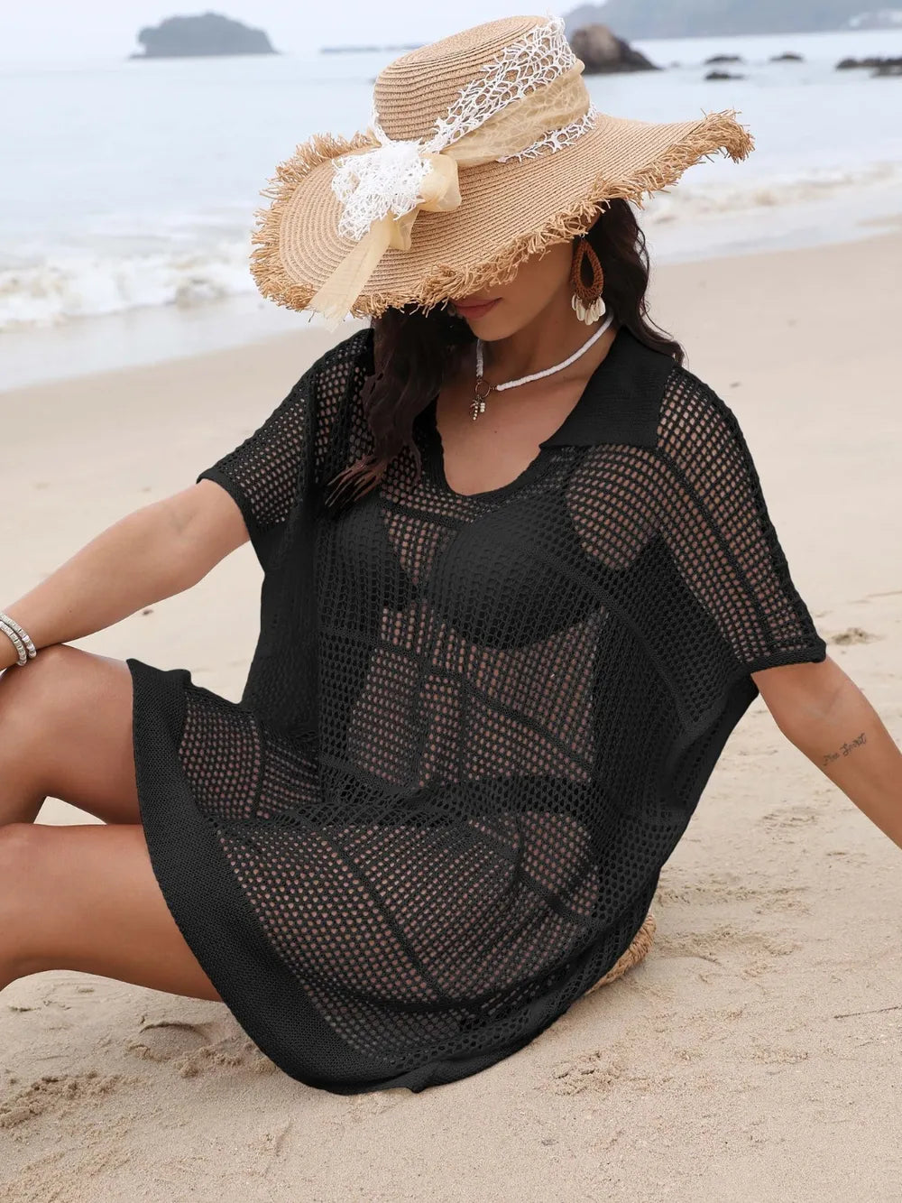 Hollow Out Collared Neck Cover-Up