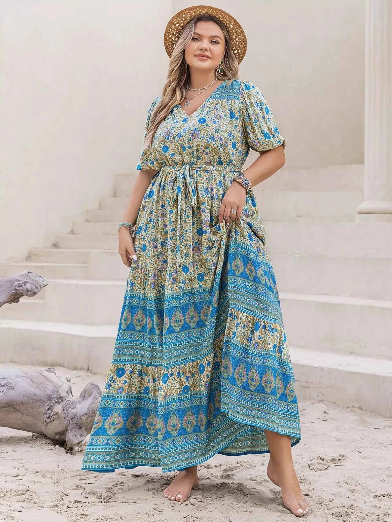 Plus Size V-Neck Floral Print Maxi Dress