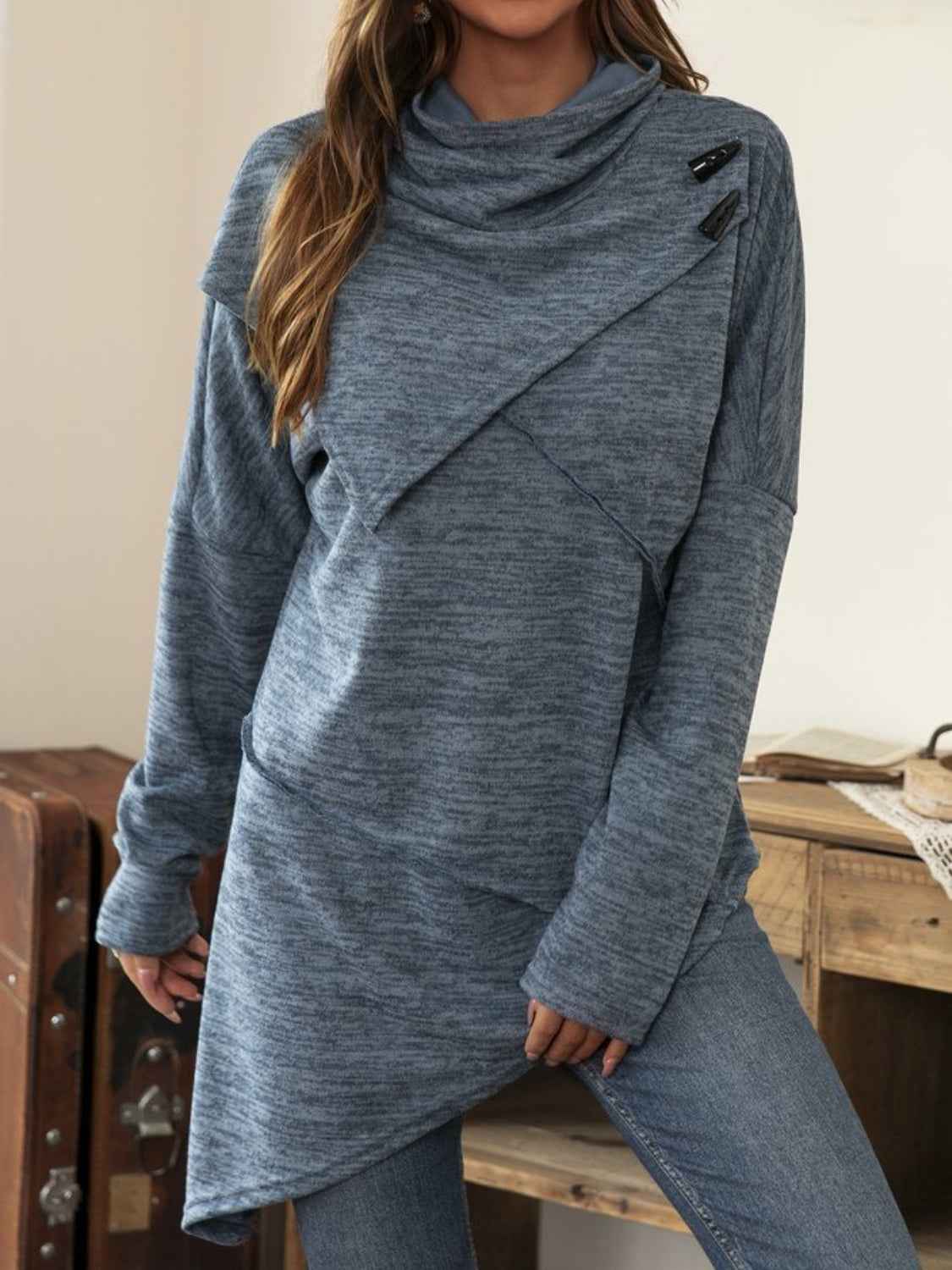 Asymmetrical Hem Cowl Neck Long Sleeve T Shirt Lojy Shop