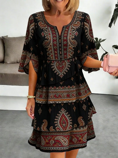 Full Size Paisley Print Layered Ruffle Mini Dress Plus Size