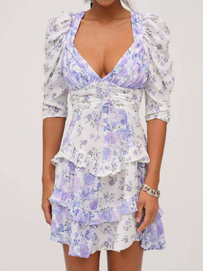 Ruffled Floral Print Half Sleeve Dress