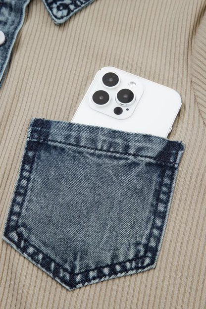 Casual Ribbed Knit Denim Trim Mini Dress