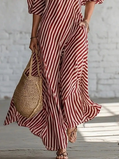 Full Size Striped One-Shoulder Casual Maxi Dress Plus Size