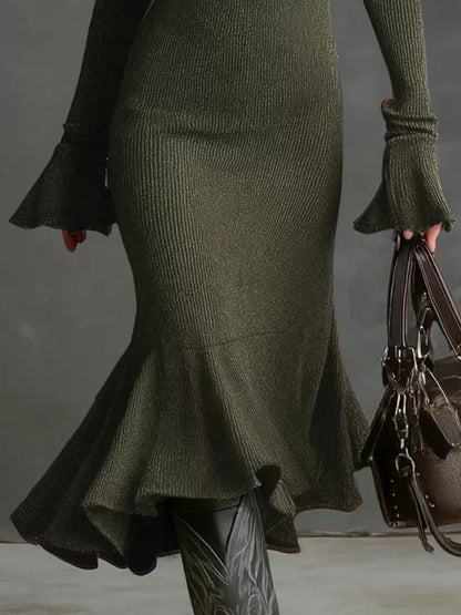 Ribbed Knit Zip Front Flare Hem Midi Dress