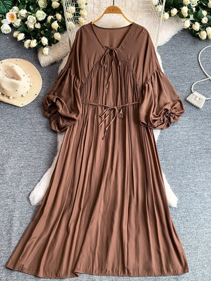 Balloon Sleeve Tie-Waist Dress