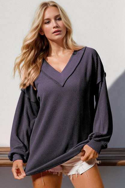 Double Take Exposed Seam Ribbed Textured V-Neck Long Sleeve T-Shirt