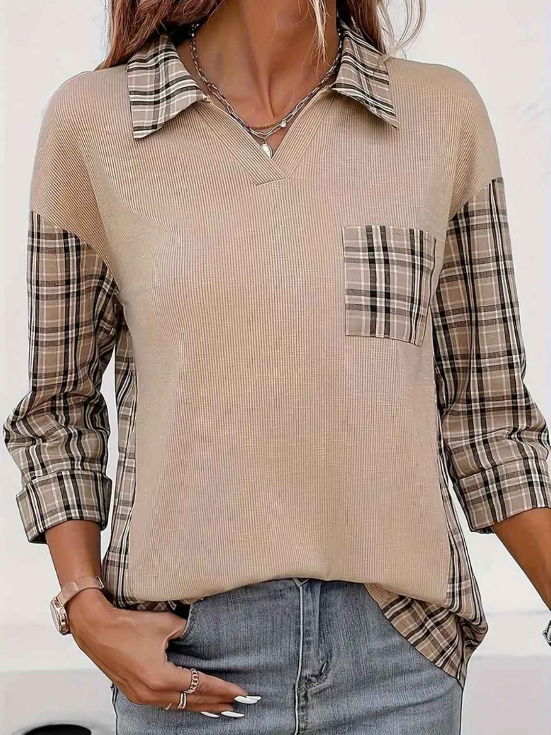 Plaid Johhny Collar Three Quarter Sleeve T Shirt Lojy Shop