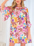 Floral Print Lace Trimmed Tie Back Bell Sleeve Swing Mini Dress