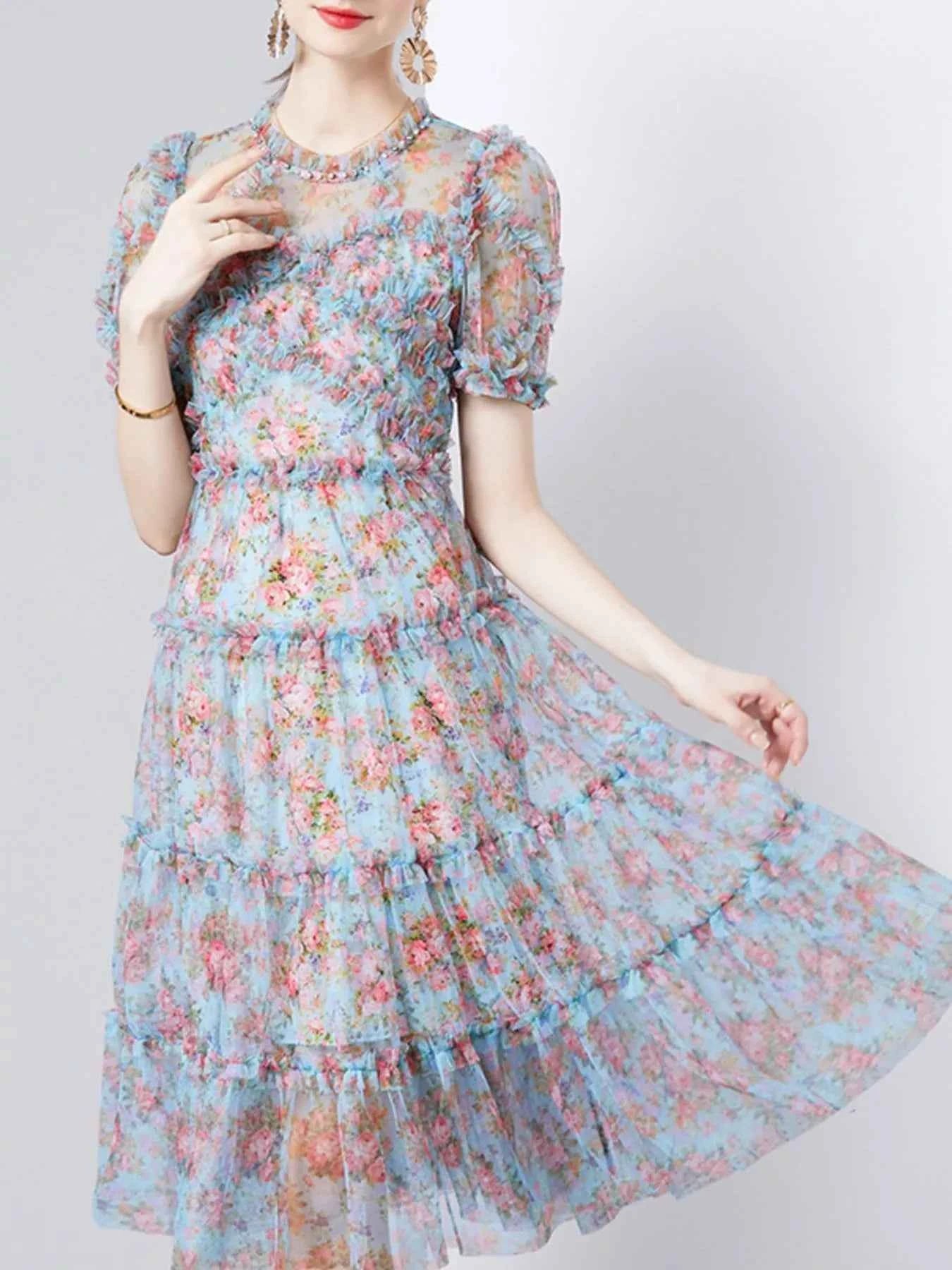 Frill Floral Print Short Sleeve Dress