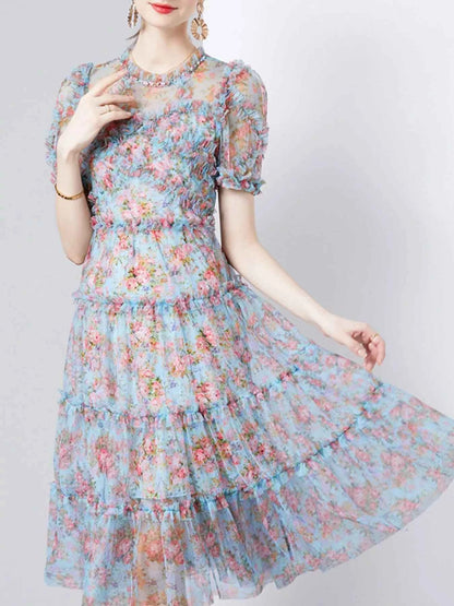 Frill Floral Print Short Sleeve Dress
