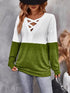 Crisscross V-Neck Color Block Long Sleeve T-Shirt