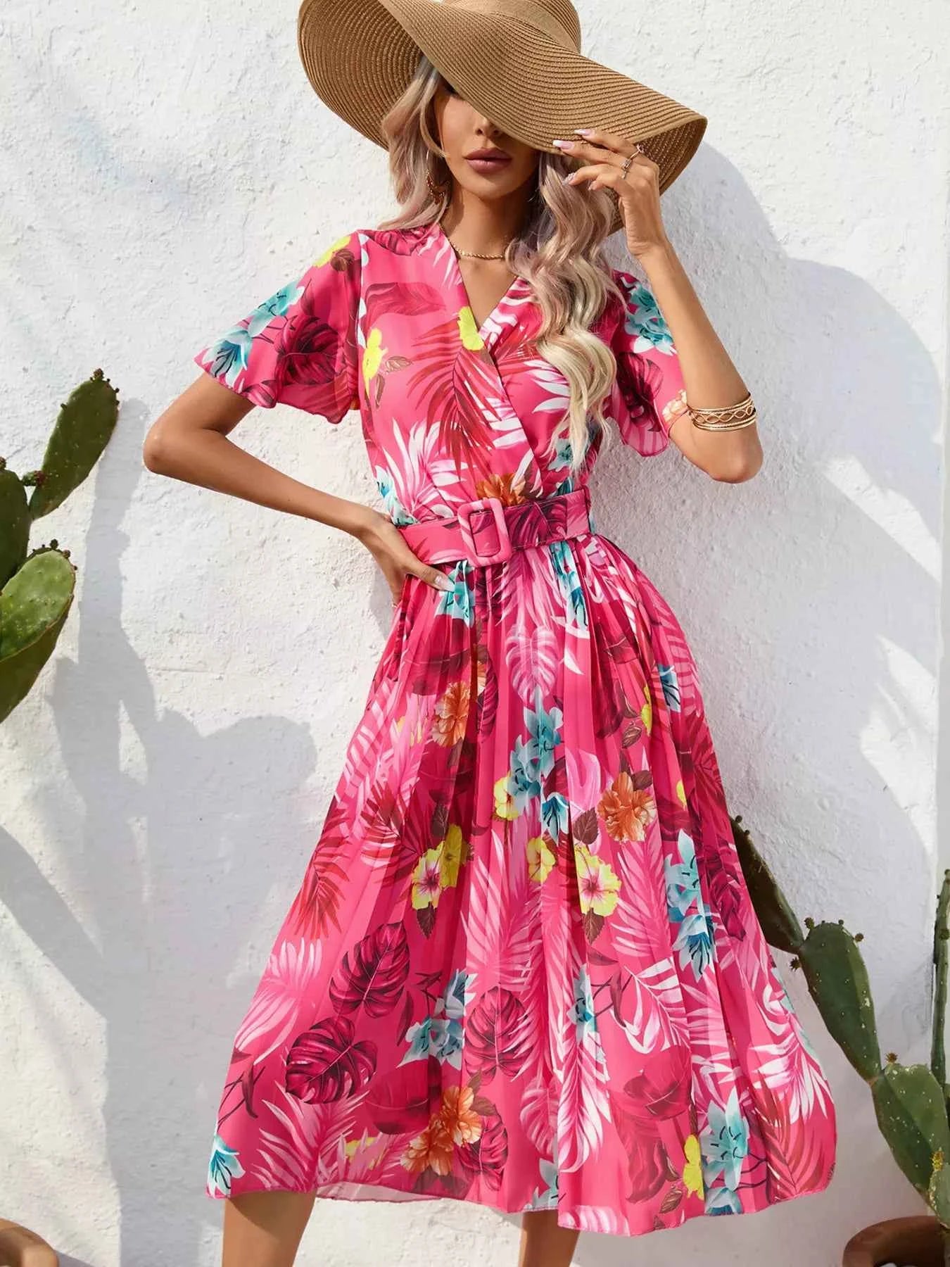 Pleated Tropical Print Belted Midi Dress
