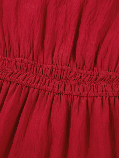Contrast Embroidered Detail Cinched Waist Tiered Long Sleeve Maxi Dress