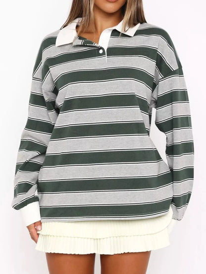 Striped Button Detail Long Sleeve Polo