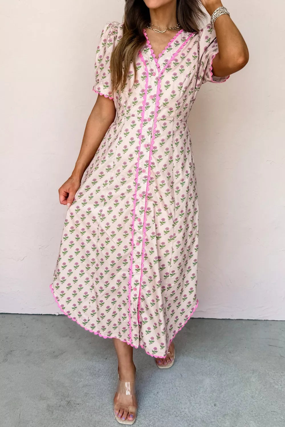 Floral Print V Neck Scallop Trim Button Front Short Sleeve Dress