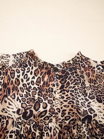 Leopard Ruffled Detail Long Sleeve Loose Mini Dress