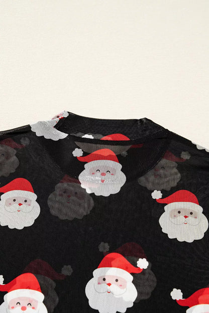 Christmas Santa Print Mesh Long Sleeve Top