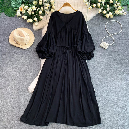 Balloon Sleeve Tie-Waist Dress