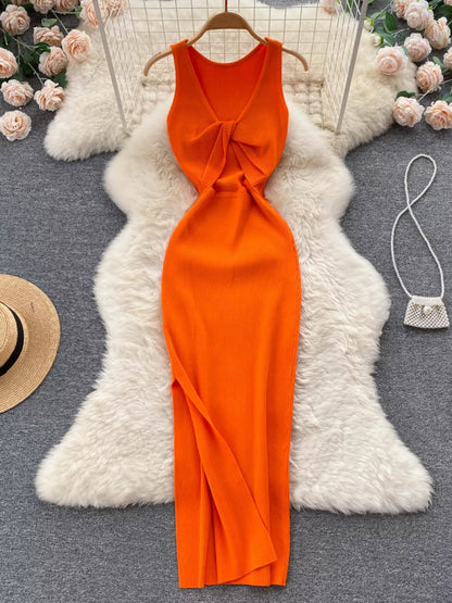 Knot Back Sleeveless Knit Bodycon Midi Dres