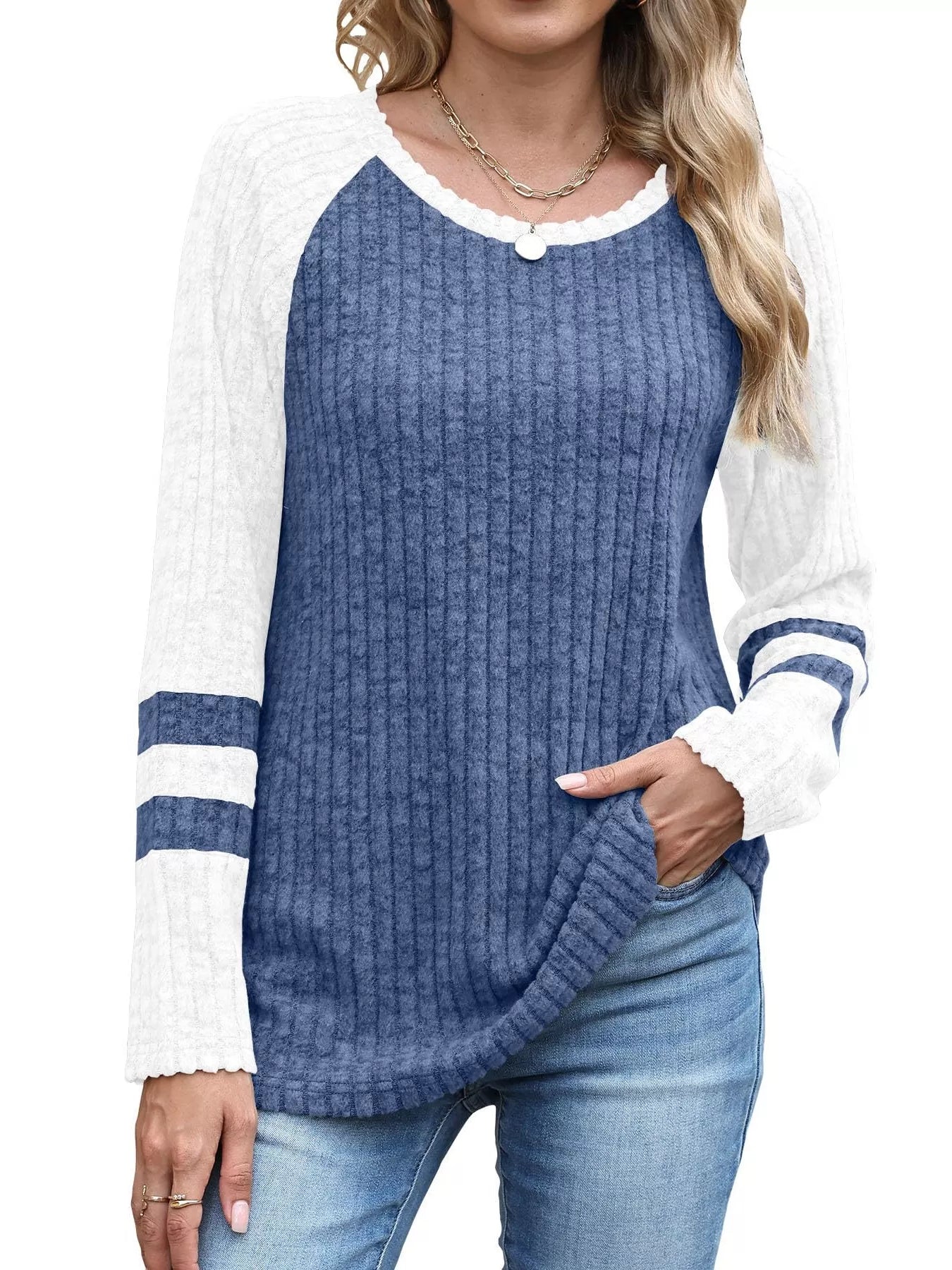 Ribbed Round Neck Raglan Sleeve Top