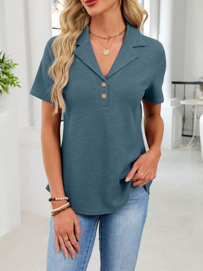 Waffle Knit Button Detail T-Shirt