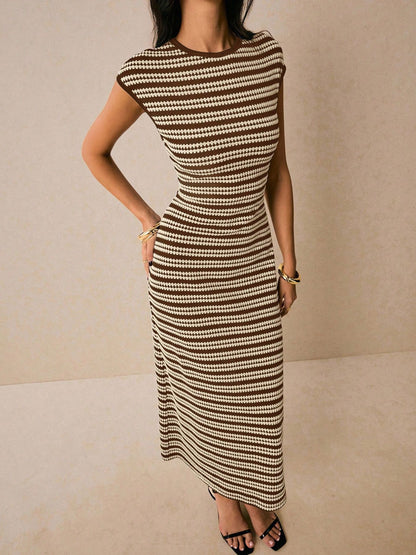 Striped Cap Sleeve Bodycon Midi Dress